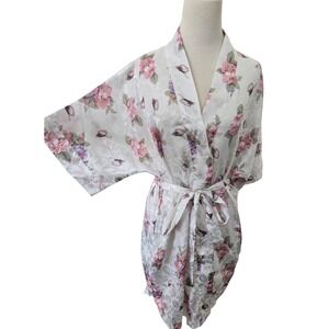 Kathryn Vintage Floral Satin Kimono Robe White Pink Purple Jacquard Wrap Medium